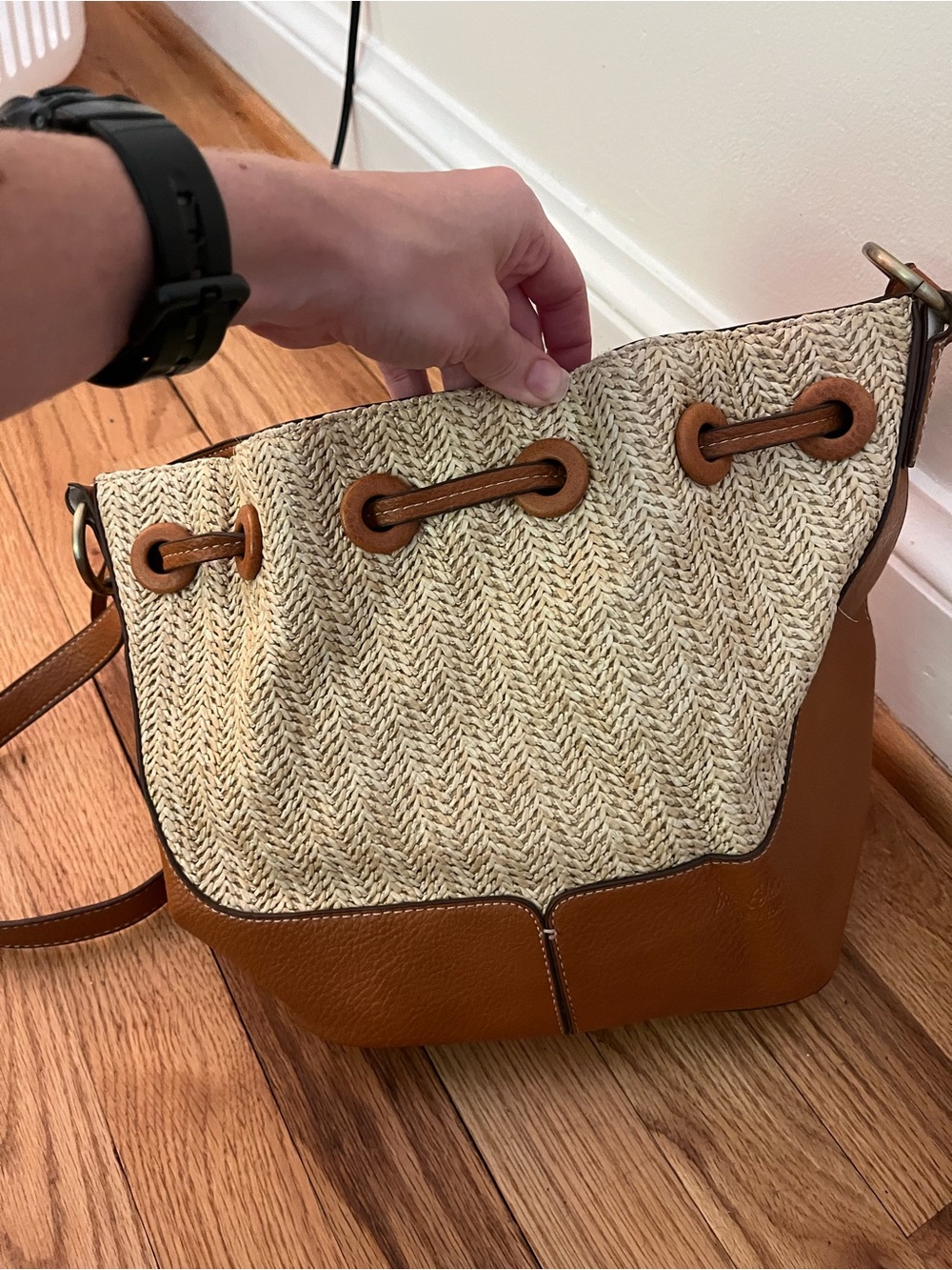 Sam Edelman Tan Leather-Trim Woven Drawstring Bucket Bag - Picture 6 of 6